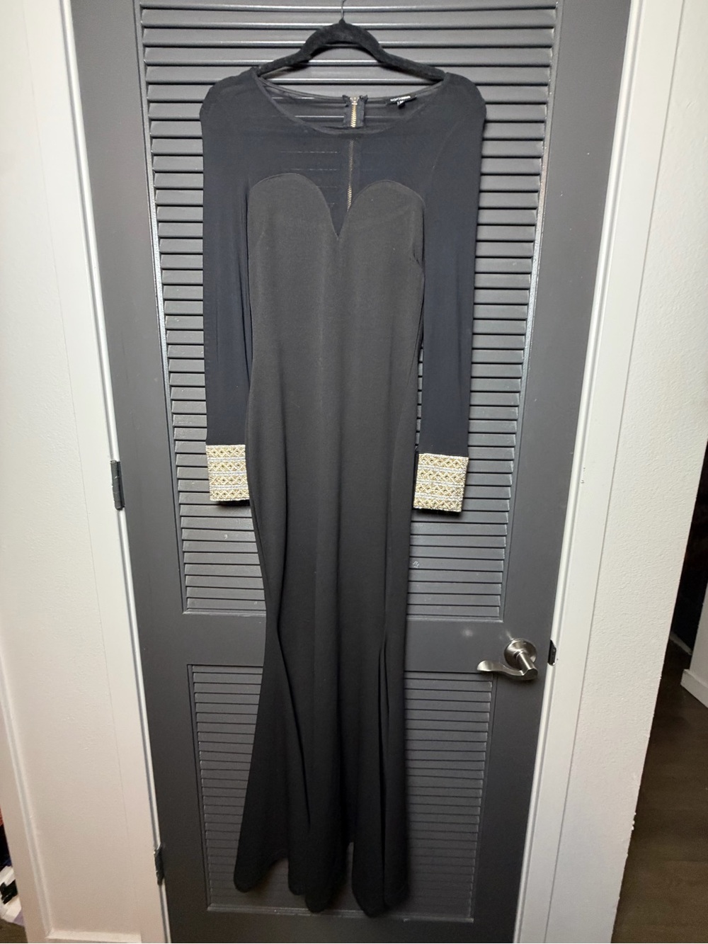 Fashion Nova Black Long-Sleeve Maxi Dress with Gold Embellished Cuffs
